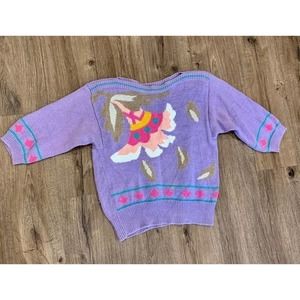 𝅺COUNTERPARTS Petites SMALL Lavender & Pink Flower Sweater With Shoulder Pads